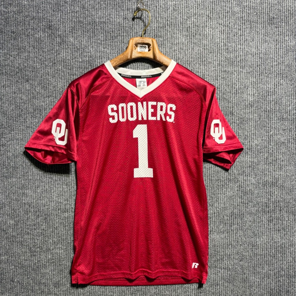 Russell Oklahoma Sooners Jersey Youth L Red 1 Football Mesh V-Neck Sportswear